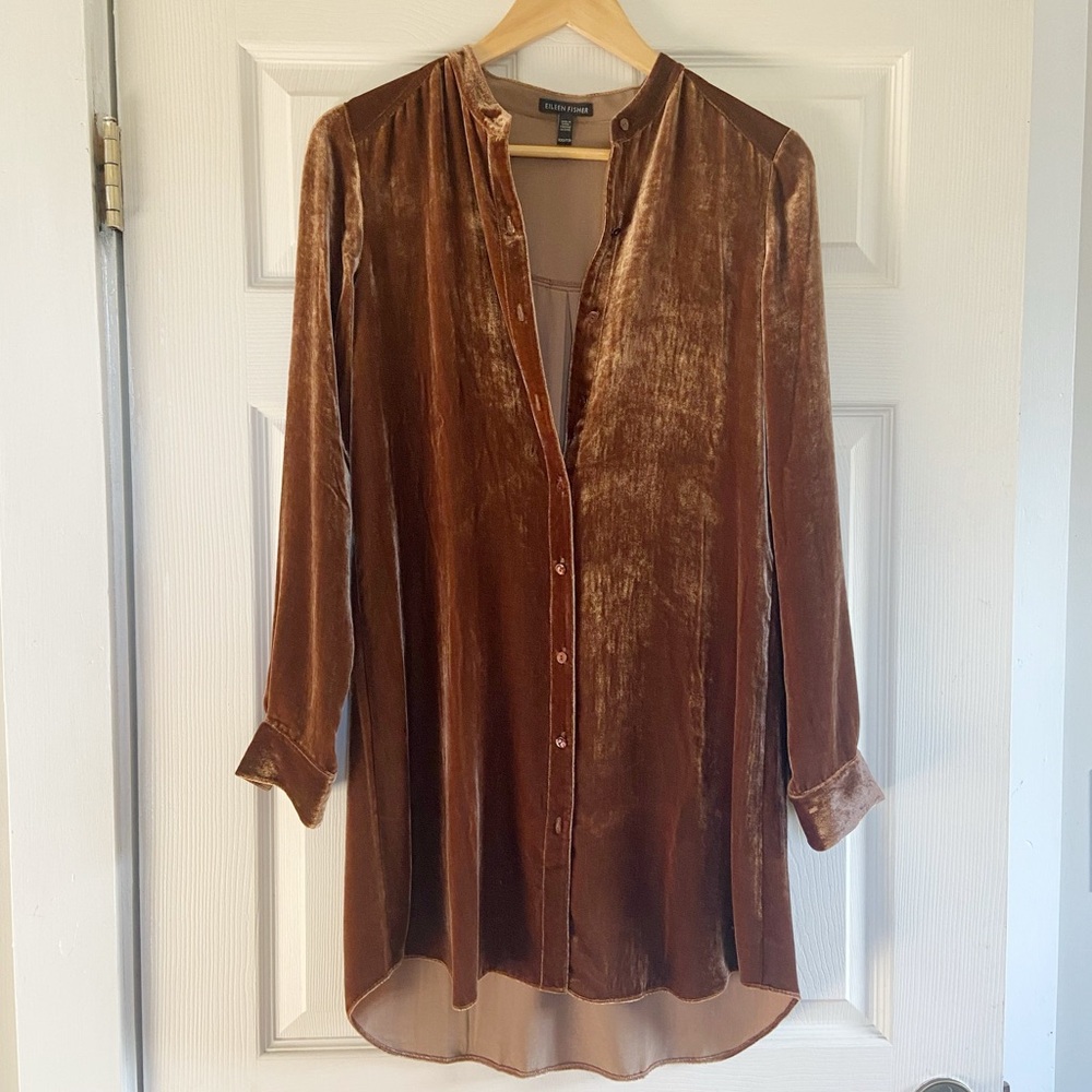 Eileen Fisher Silk Velvet Warm Brown Button Down Blouse Long Tunic